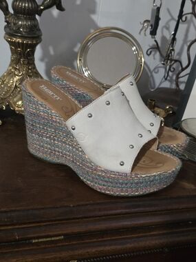 Born White Leather Multicolor Wedge Sandals